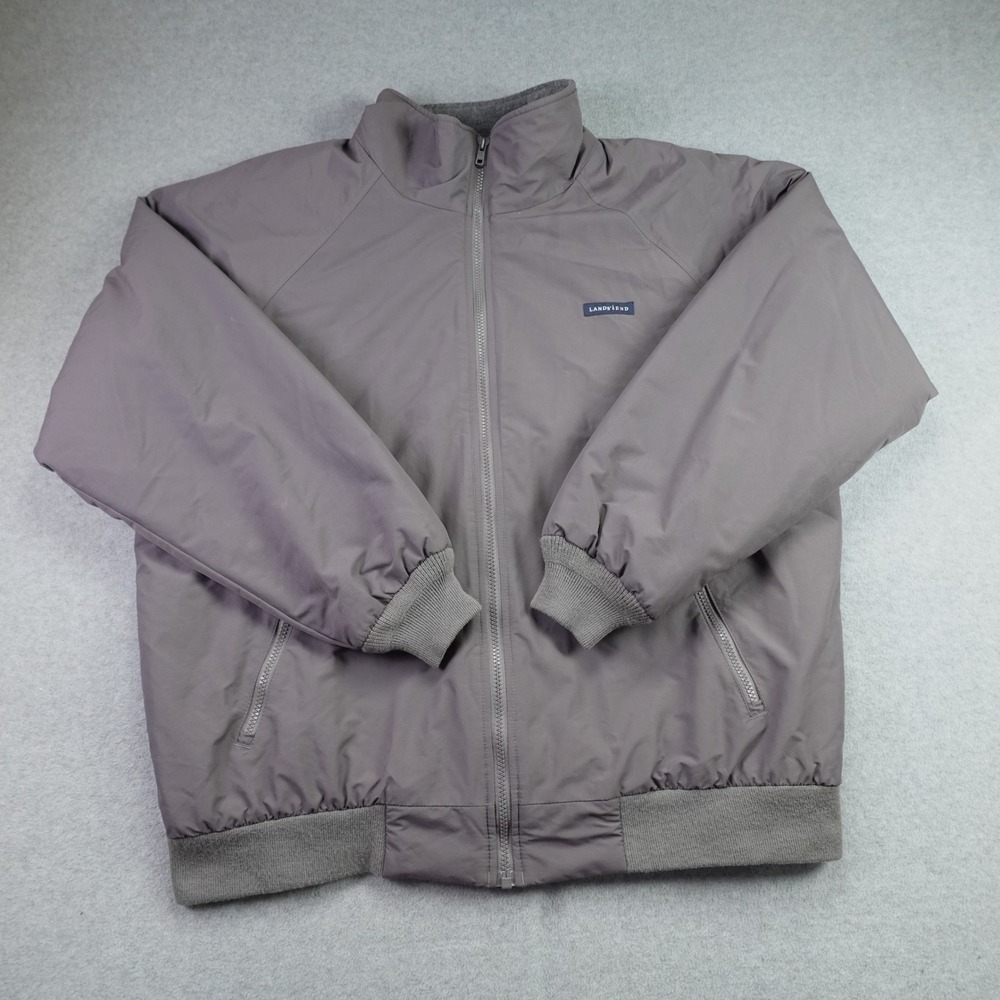 Lands‎ End Jacket Mens L Gray Squall Bomber Full Zip ThermaCheck Fleece Lined